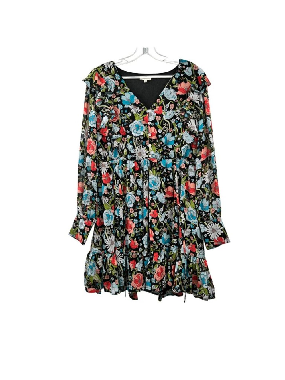 Jodifl Floral Long Sleeve Dress A-Line Black/Multi Ruffle Size Large